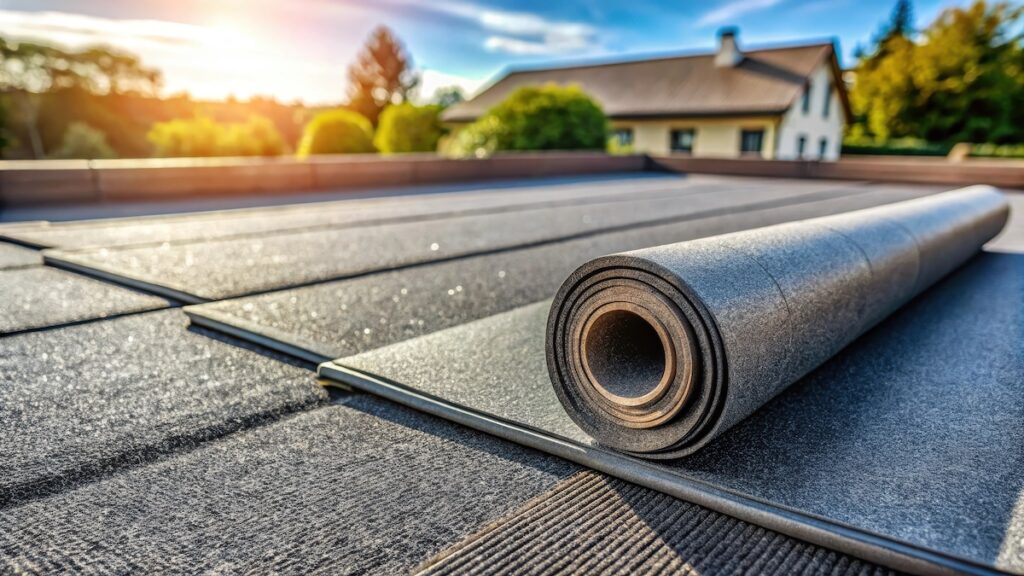 A roll of roofing material lies unrolled on a flat rooftop, showcasing one of the many types of roofing materials, with a house and lush greenery in the background under a bright, sunny sky.